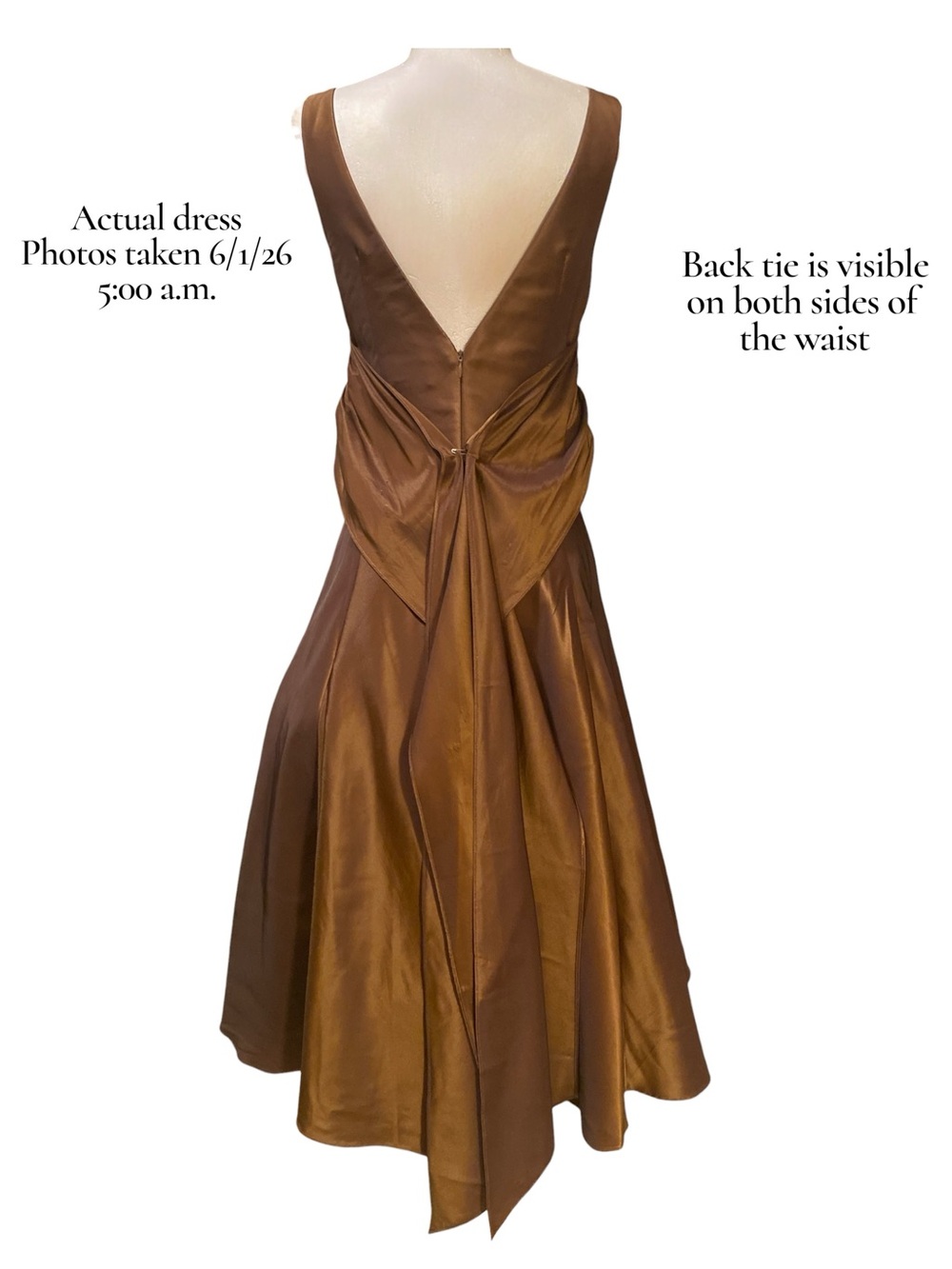 Nicole Miller Bronze Copper Chocolate Brown Midi Dress with Back Bow - Picture 9 of 13